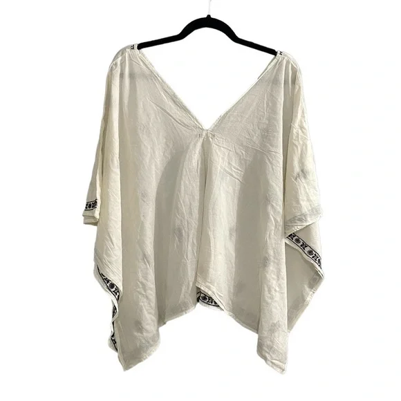 MEMOVE Cotton Embroidered V-Neck Popover Blouse White Blue 38 - Picture 3 of 5